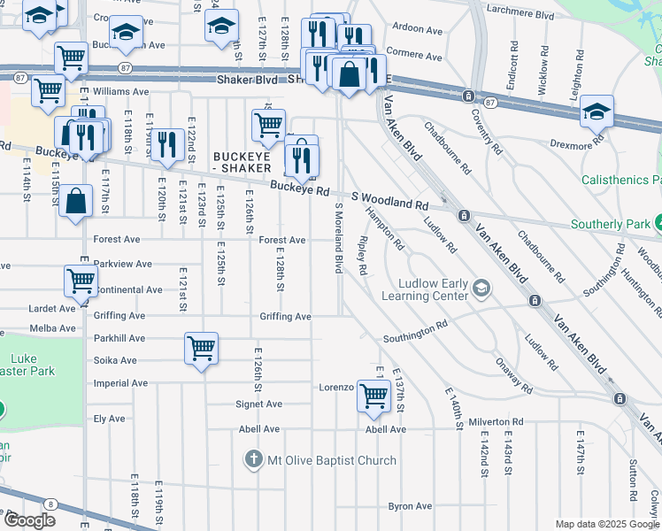 map of restaurants, bars, coffee shops, grocery stores, and more near 2992 South Moreland Boulevard in Cleveland