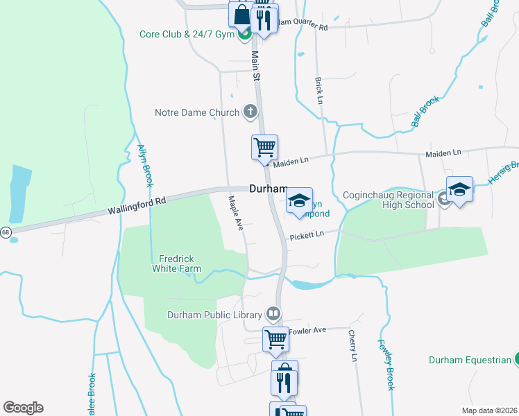 map of restaurants, bars, coffee shops, grocery stores, and more near 196 Main Street in Durham