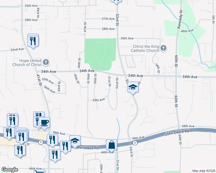 map of restaurants, bars, coffee shops, grocery stores, and more near 3438 51st Street in Moline