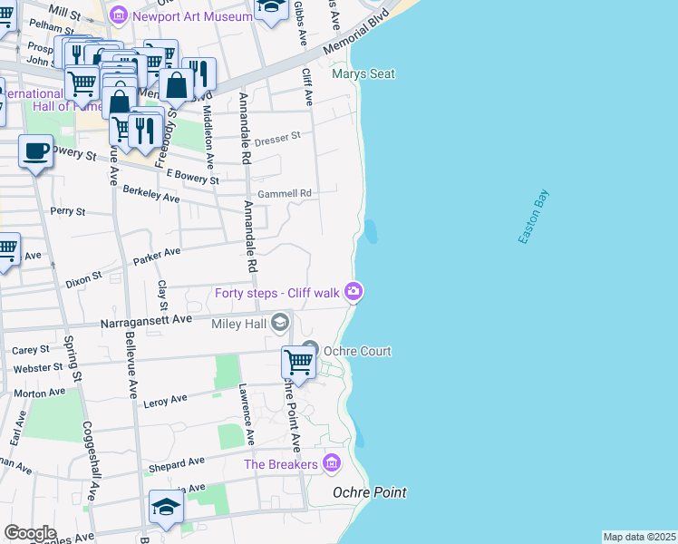 map of restaurants, bars, coffee shops, grocery stores, and more near 5 Ocean Lawn Lane in Newport