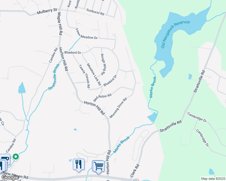 map of restaurants, bars, coffee shops, grocery stores, and more near 109 Red Robin Road in Naugatuck