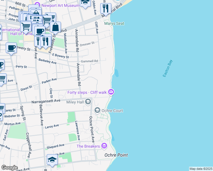 map of restaurants, bars, coffee shops, grocery stores, and more near 5 Ocean Lawn Lane in Newport