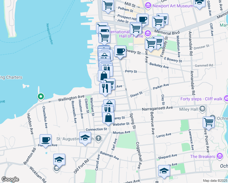 map of restaurants, bars, coffee shops, grocery stores, and more near 26 Dixon Street in Newport