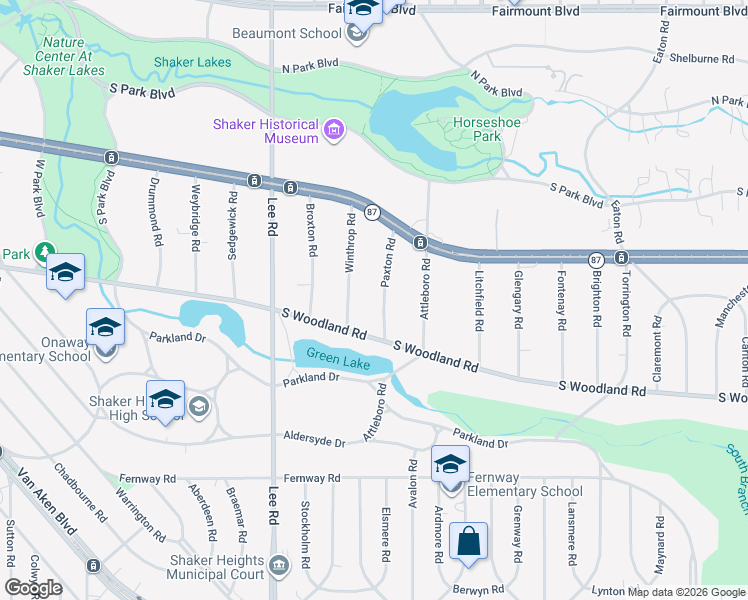 map of restaurants, bars, coffee shops, grocery stores, and more near 2950 Paxton Road in Shaker Heights