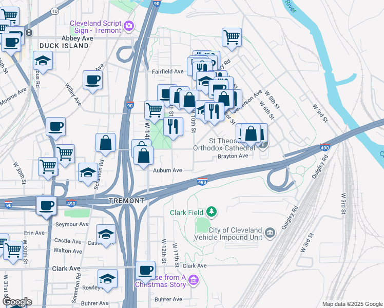 map of restaurants, bars, coffee shops, grocery stores, and more near 929 Fruit Avenue in Cleveland