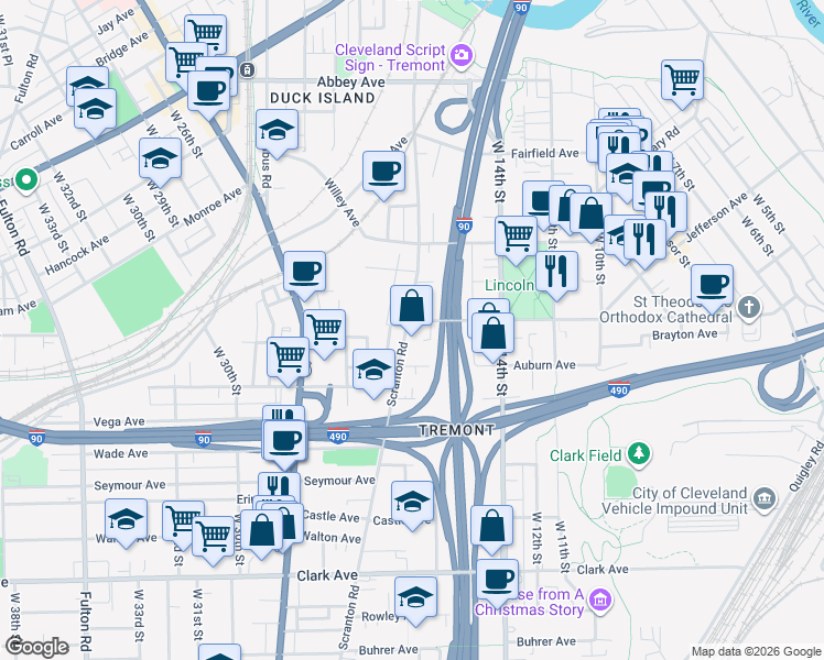 map of restaurants, bars, coffee shops, grocery stores, and more near 1623 Allman Court in Cleveland