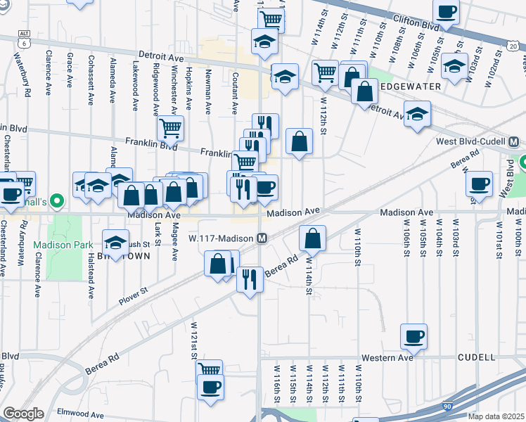 map of restaurants, bars, coffee shops, grocery stores, and more near in Cleveland