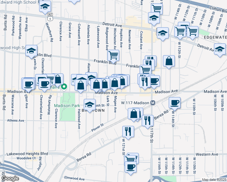 map of restaurants, bars, coffee shops, grocery stores, and more near 12201 Madison Avenue in Lakewood