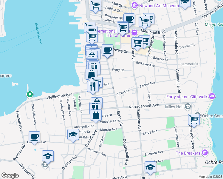 map of restaurants, bars, coffee shops, grocery stores, and more near 501 Spring Street in Newport