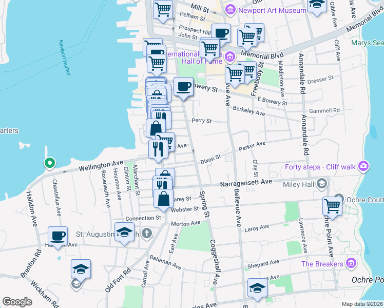map of restaurants, bars, coffee shops, grocery stores, and more near 485 Spring Street in Newport