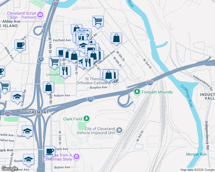 map of restaurants, bars, coffee shops, grocery stores, and more near 741 Brayton Avenue in Cleveland