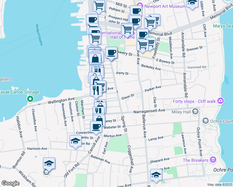 map of restaurants, bars, coffee shops, grocery stores, and more near 485 Spring Street in Newport