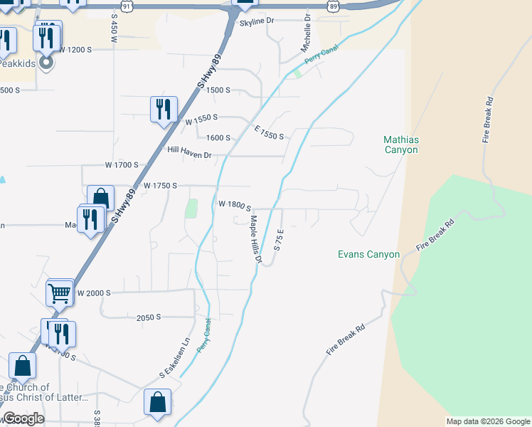 map of restaurants, bars, coffee shops, grocery stores, and more near 1850 Maple Hills Drive in Perry