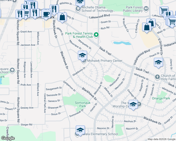 map of restaurants, bars, coffee shops, grocery stores, and more near 255 Mantua Street in Park Forest
