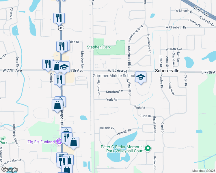map of restaurants, bars, coffee shops, grocery stores, and more near 503 Stratford Ln in Schererville