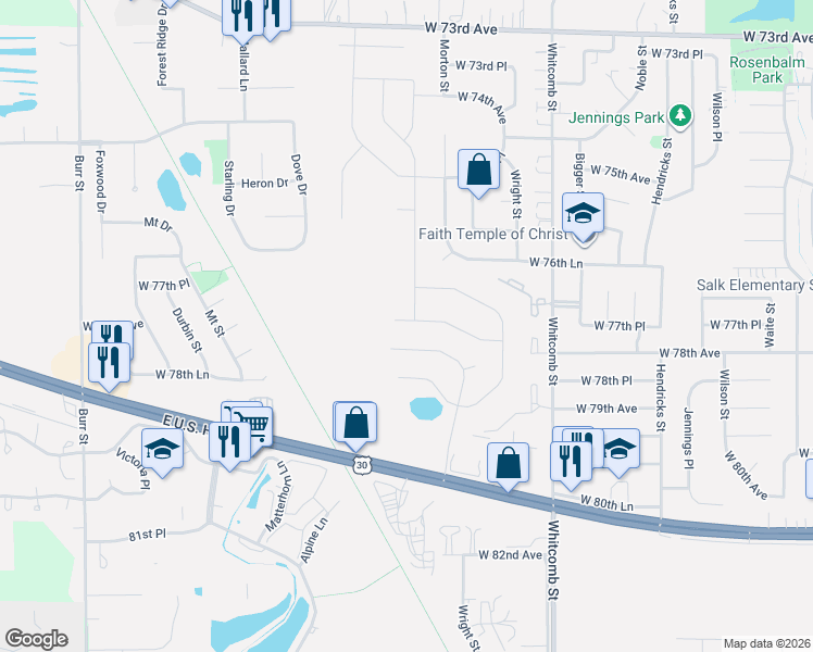 map of restaurants, bars, coffee shops, grocery stores, and more near 4507 West 78th Avenue in Merrillville