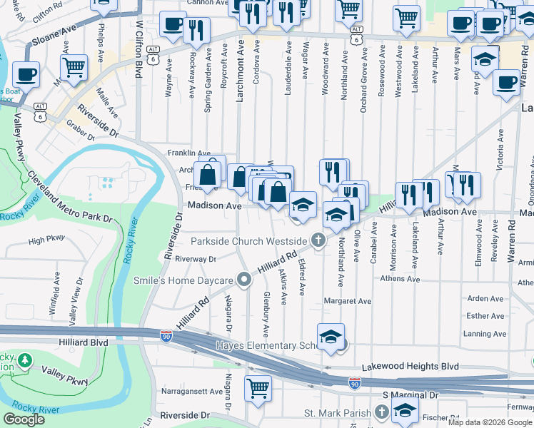 map of restaurants, bars, coffee shops, grocery stores, and more near 2035 Atkins Avenue in Lakewood