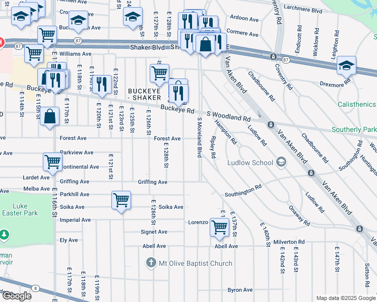 map of restaurants, bars, coffee shops, grocery stores, and more near 3016 South Moreland Boulevard in Cleveland