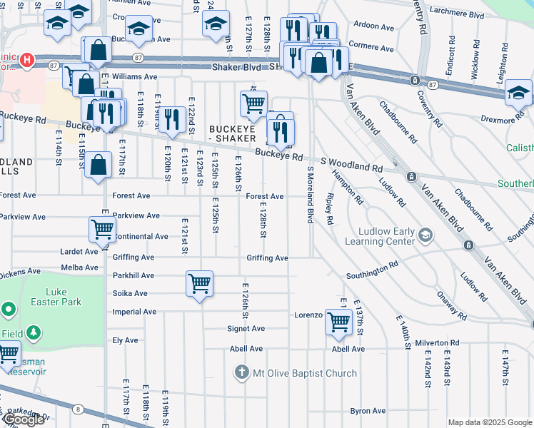 map of restaurants, bars, coffee shops, grocery stores, and more near 3026 East 130th Street in Cleveland