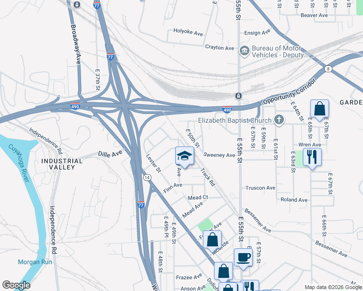 map of restaurants, bars, coffee shops, grocery stores, and more near 3010 Nursery Avenue in Cleveland