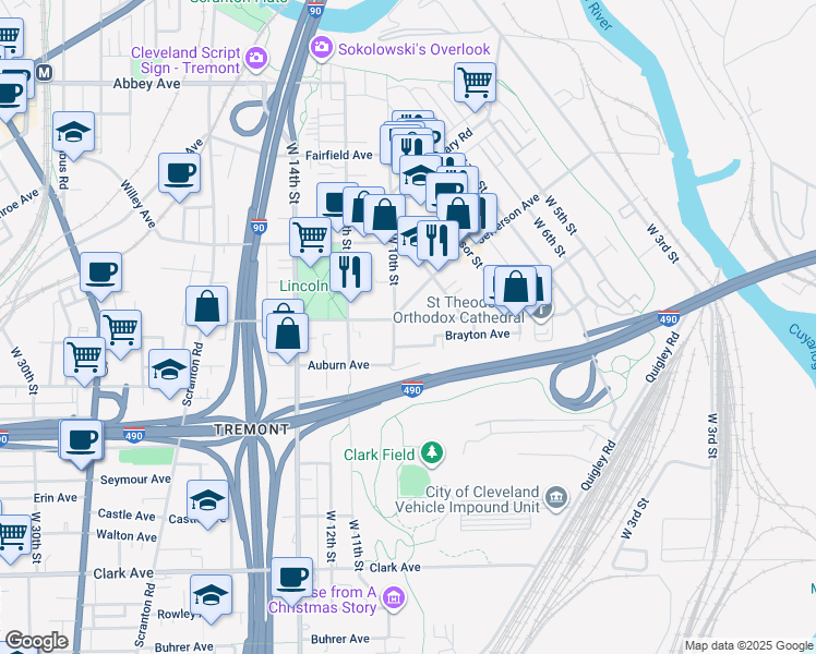 map of restaurants, bars, coffee shops, grocery stores, and more near 929 Fruit Avenue in Cleveland