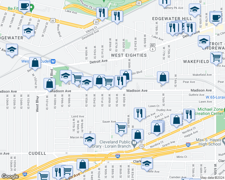 map of restaurants, bars, coffee shops, grocery stores, and more near 2016 West 89th Street in Cleveland
