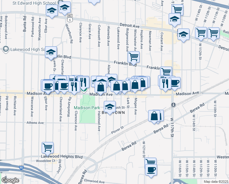 map of restaurants, bars, coffee shops, grocery stores, and more near 2014 Quail Street in Lakewood