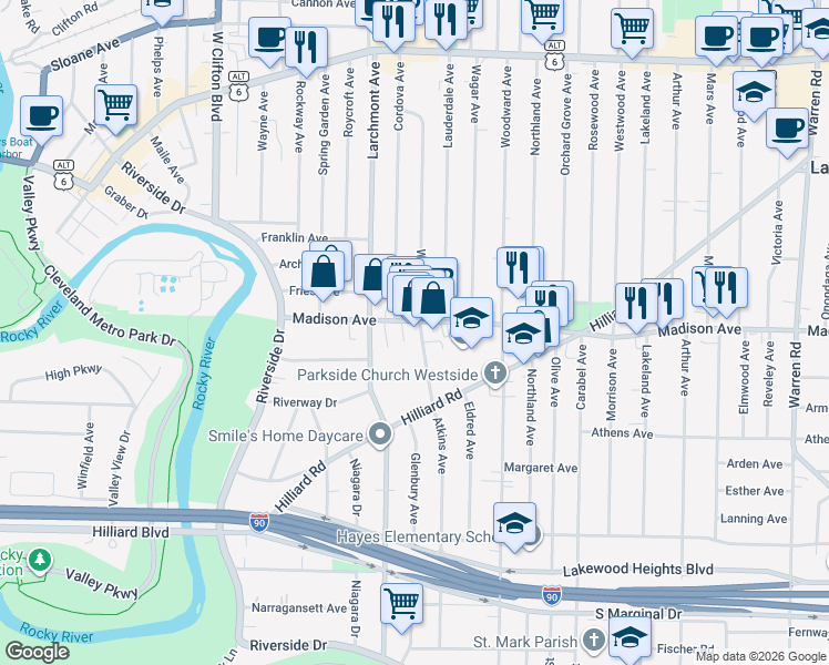 map of restaurants, bars, coffee shops, grocery stores, and more near 2035 Atkins Avenue in Lakewood