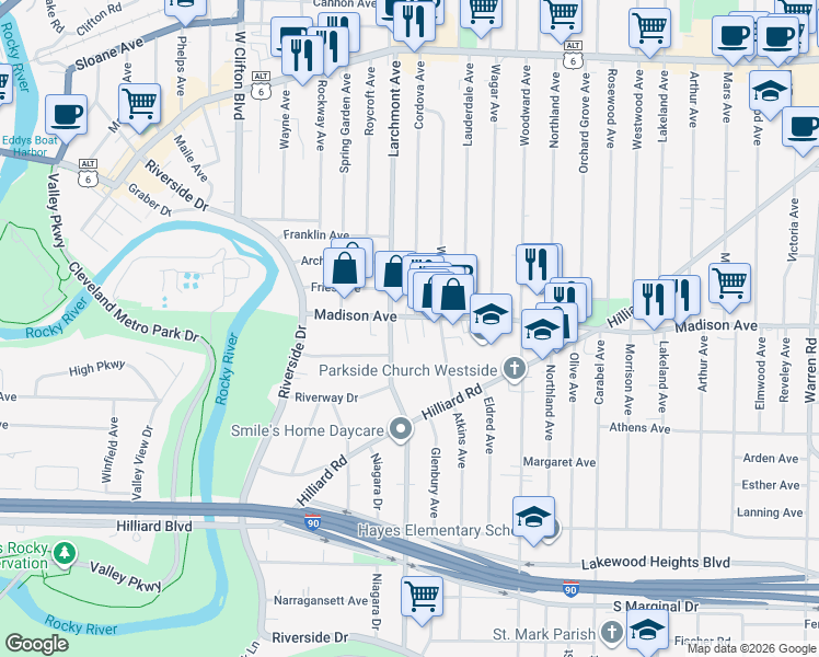 map of restaurants, bars, coffee shops, grocery stores, and more near 2026 Atkins Avenue in Lakewood