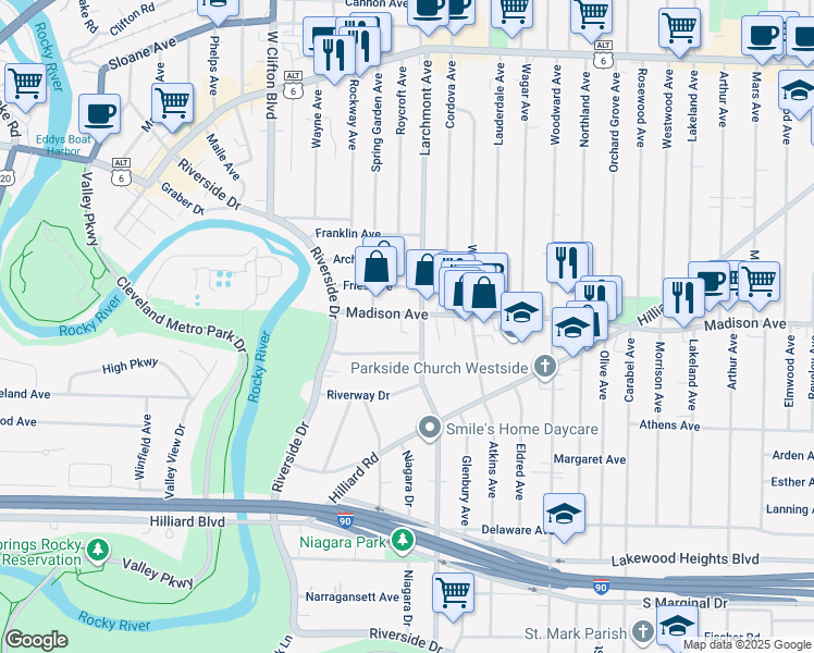 map of restaurants, bars, coffee shops, grocery stores, and more near 17318 Daleview Drive in Lakewood