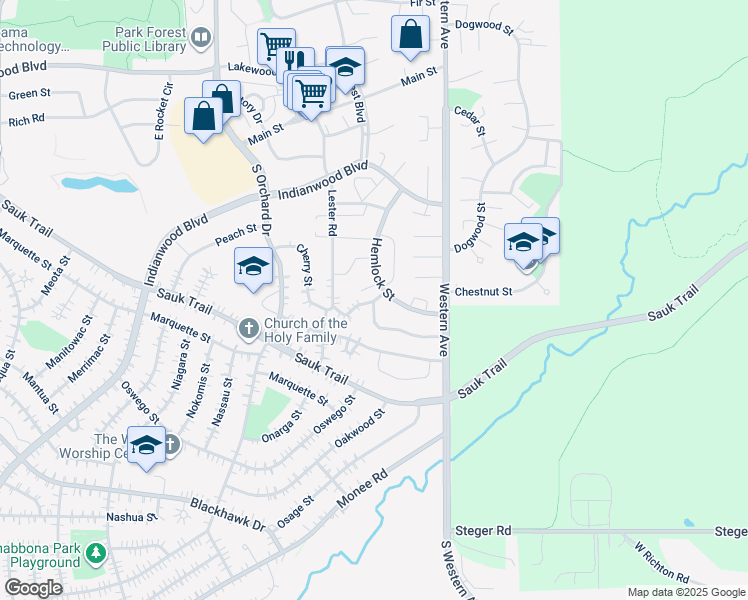 map of restaurants, bars, coffee shops, grocery stores, and more near 38 Apple Lane in Park Forest