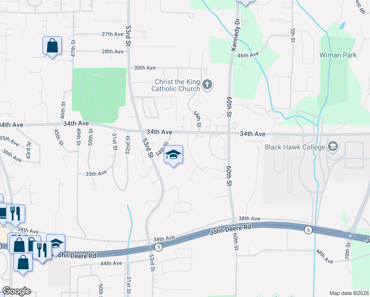 map of restaurants, bars, coffee shops, grocery stores, and more near 3513 56th Street Place in Moline
