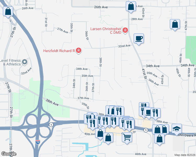 map of restaurants, bars, coffee shops, grocery stores, and more near 3520 38th Street in Moline