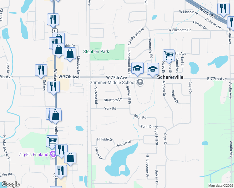 map of restaurants, bars, coffee shops, grocery stores, and more near 423 Stratford Ln in Schererville