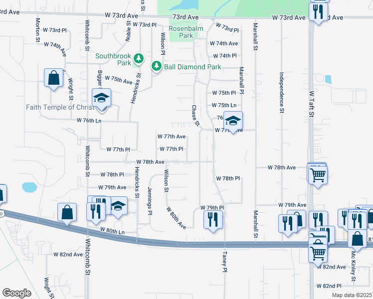 map of restaurants, bars, coffee shops, grocery stores, and more near 3001 West 77th Place in Merrillville