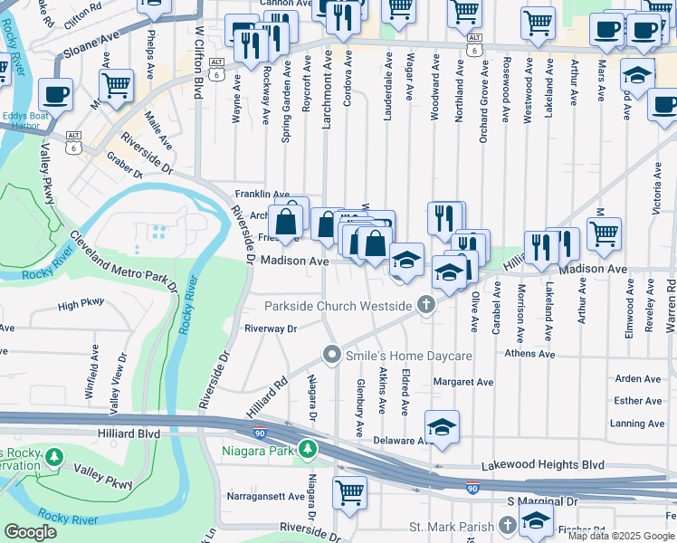 map of restaurants, bars, coffee shops, grocery stores, and more near 2026 Atkins Avenue in Lakewood