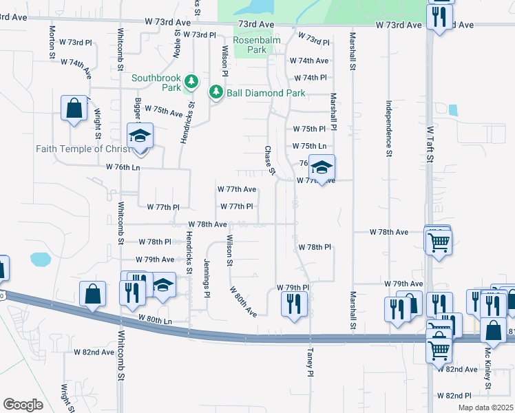 map of restaurants, bars, coffee shops, grocery stores, and more near 3001 West 77th Place in Merrillville