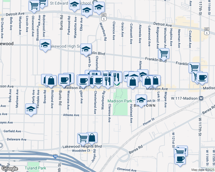 map of restaurants, bars, coffee shops, grocery stores, and more near 2013 Waterbury Road in Lakewood