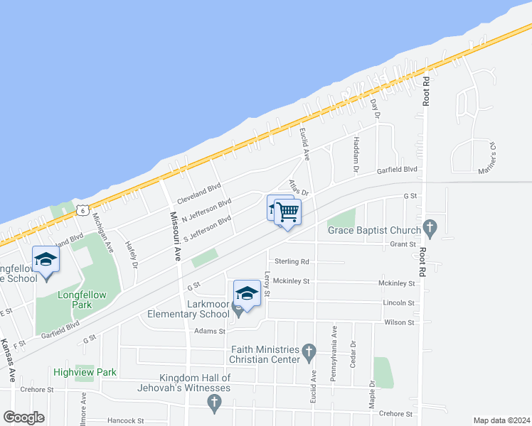 map of restaurants, bars, coffee shops, grocery stores, and more near 2815 Garfield Boulevard in Lorain