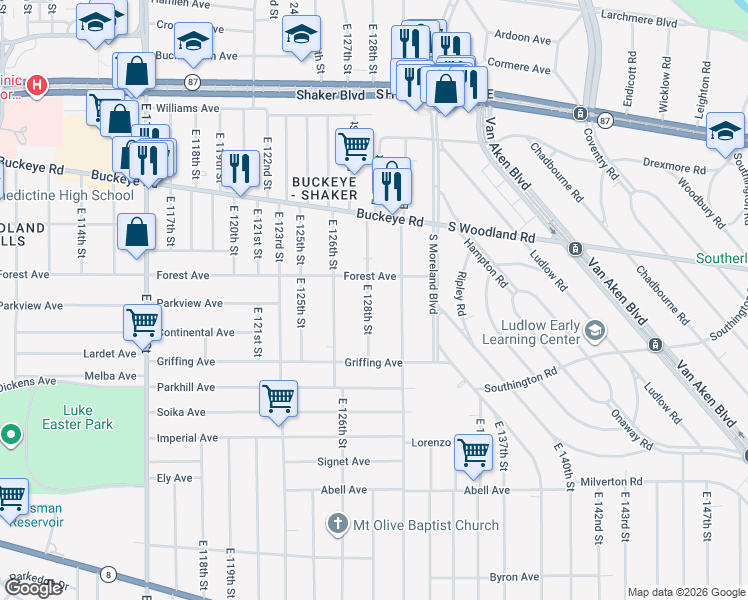 map of restaurants, bars, coffee shops, grocery stores, and more near 3026 East 130th Street in Cleveland