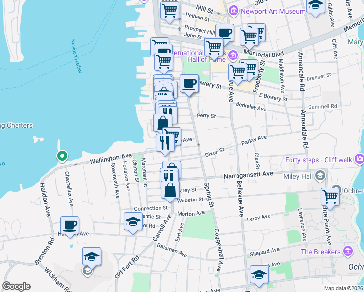 map of restaurants, bars, coffee shops, grocery stores, and more near 34 Bacheller Street in Newport