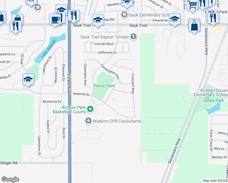 map of restaurants, bars, coffee shops, grocery stores, and more near 4425 Michael John Lane in Richton Park