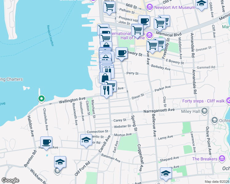 map of restaurants, bars, coffee shops, grocery stores, and more near 11 Byrnes Street in Newport