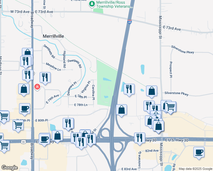 map of restaurants, bars, coffee shops, grocery stores, and more near 7850 Rhode Island Street in Merrillville