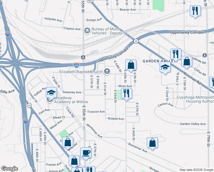 map of restaurants, bars, coffee shops, grocery stores, and more near 2989 East 61st Street in Cleveland