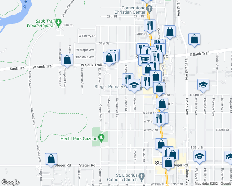 map of restaurants, bars, coffee shops, grocery stores, and more near 150 Benton Avenue in South Chicago Heights