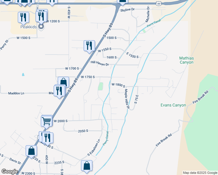 map of restaurants, bars, coffee shops, grocery stores, and more near 134 1775 South in Perry