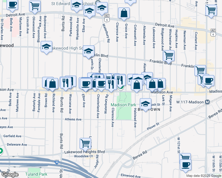 map of restaurants, bars, coffee shops, grocery stores, and more near 1646 Waterbury Road in Lakewood