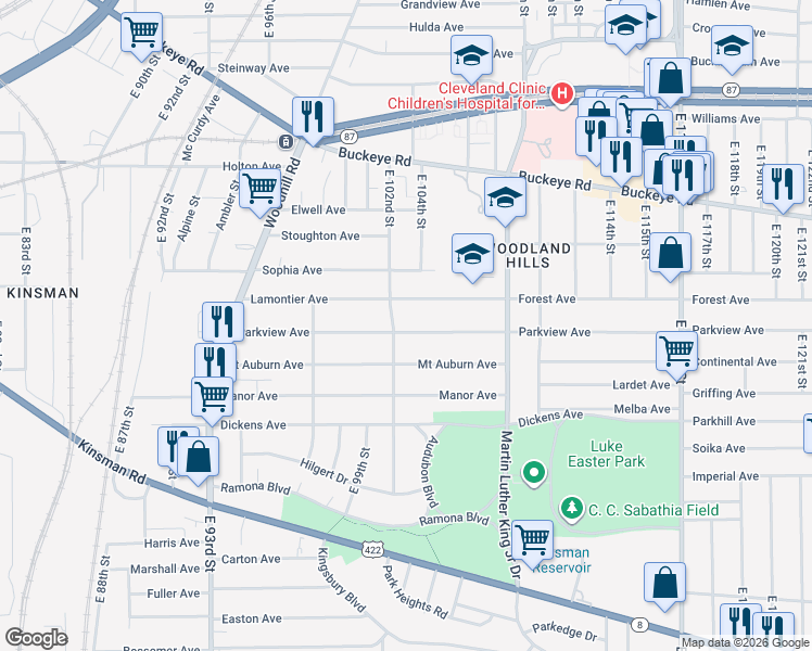 map of restaurants, bars, coffee shops, grocery stores, and more near 10310 Lamontier Avenue in Cleveland