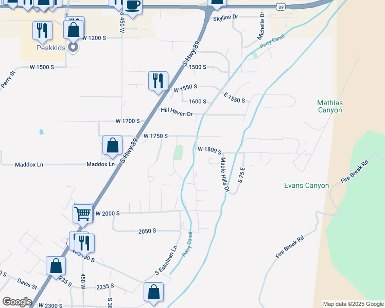 map of restaurants, bars, coffee shops, grocery stores, and more near 134 1775 South in Perry